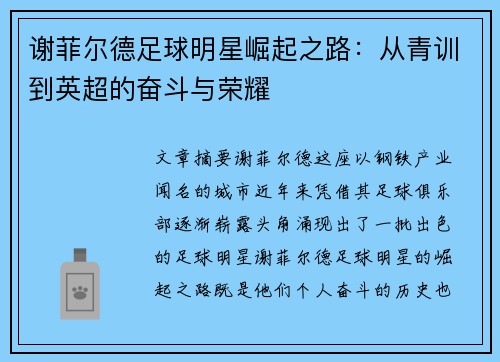 谢菲尔德足球明星崛起之路：从青训到英超的奋斗与荣耀